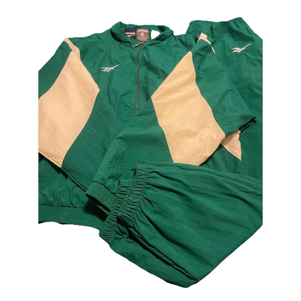 Vtg 90s REEBOK Vector Tracksuit Set XL Green White Windbreaker Jacket Pants